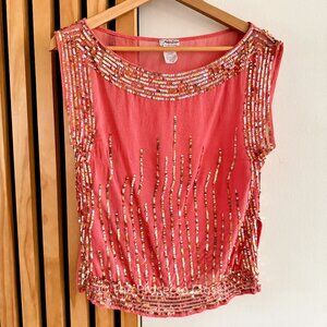 Vintage Y2K Rubber Ducky Productions Silk Sequin Top Coral Pink Blouse (M)